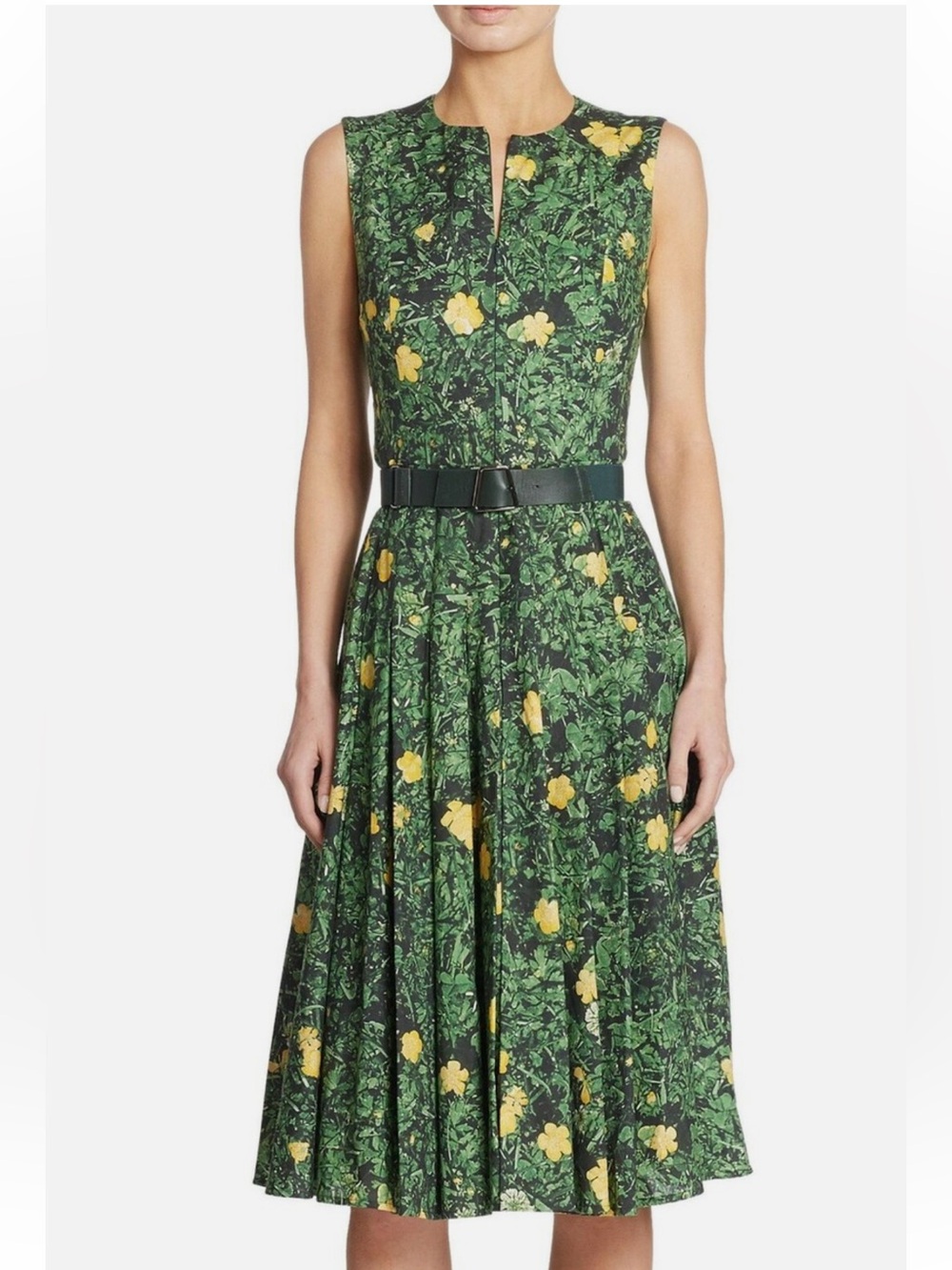 AKRIS Buttercup Floral Print A-line Dress Size 8 Green Yellow Cotton Voile Chic - Picture 4 of 11